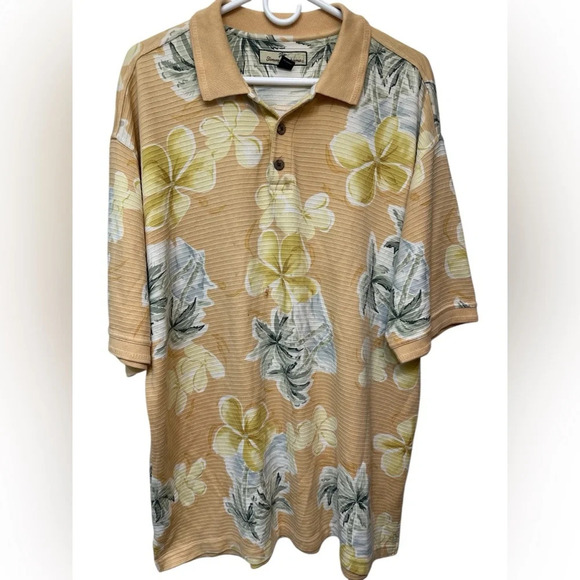 TOMMY BAHAMA Polo Shirt Men's Hibiscus Palm Fronds Silk Hawaiian Resort - Picture 1 of 6